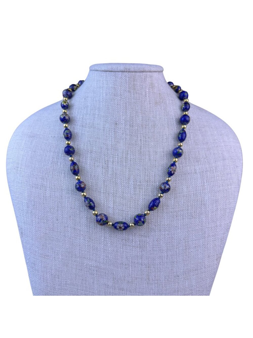 Chinese Cloisonné Womens Blue Bead Necklace Floral Motifs With Gold Spacers